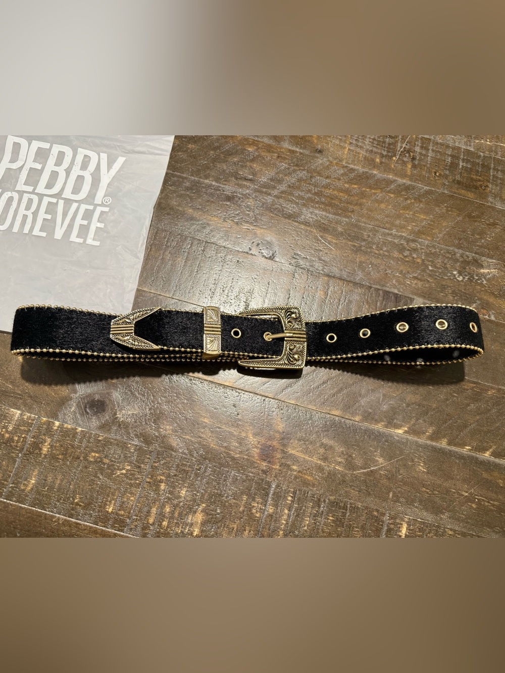 NEW Pebby Forevee Western Black Faux Fur Gold Buckle Belt Concert Fest Dance